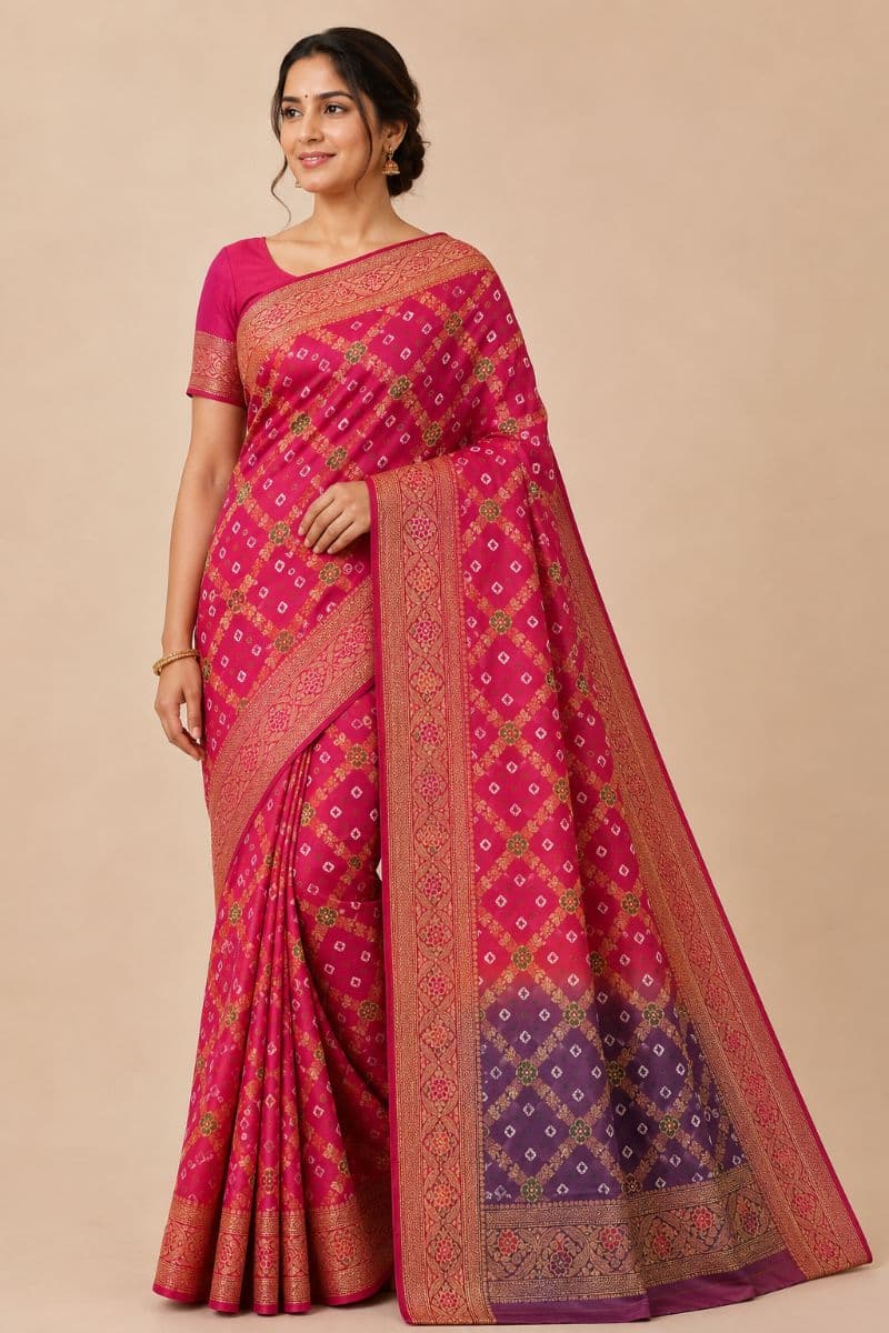Banarasi Bandhani Silk Saree – Rani Pink & Purple