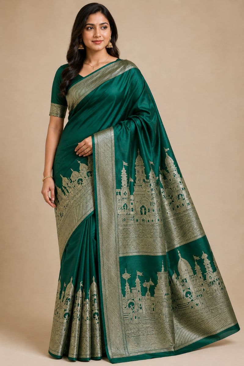 Banarasi Ghat Silk Saree – Deep Teal Green with Antique Gold Banaras Ghat Border