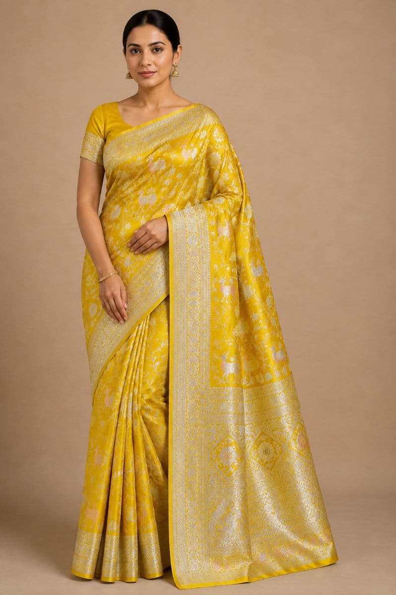 Shikargah Banarasi Saree – Mustard Yellow with Metallic Floral & Deer Motifs