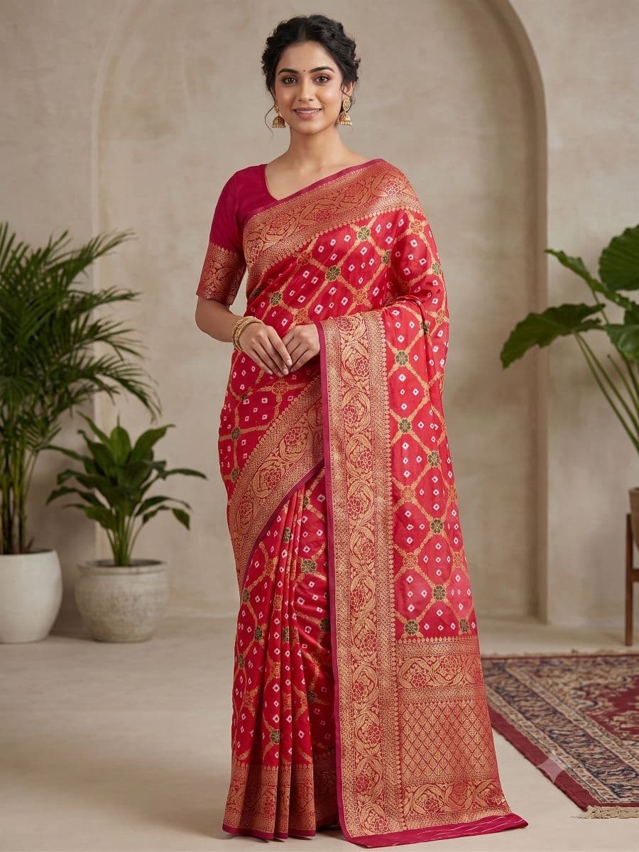Rani Pink Banarasi Bandhani Silk Saree with Rich Gold Zari Floral Border and Pallu
