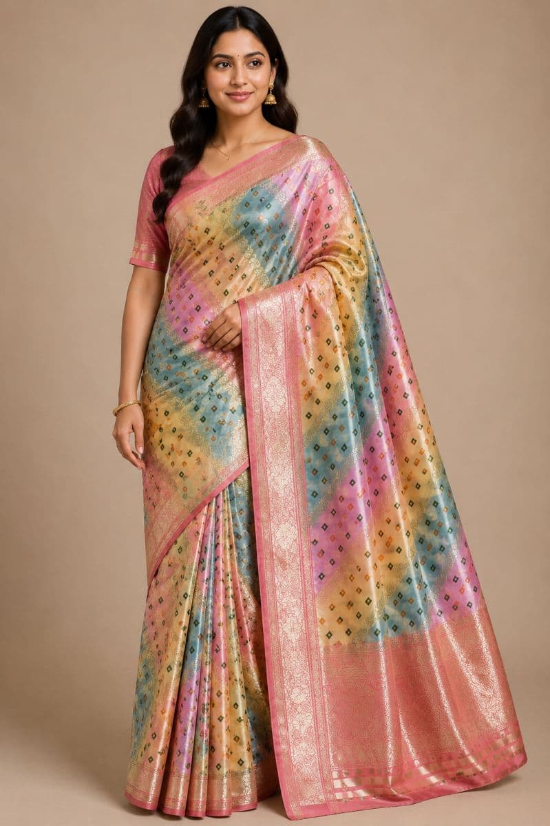 Rangkaat Silk Saree – Mint Green, Pink, Lavender & Peach Multicolor with Antique Gold