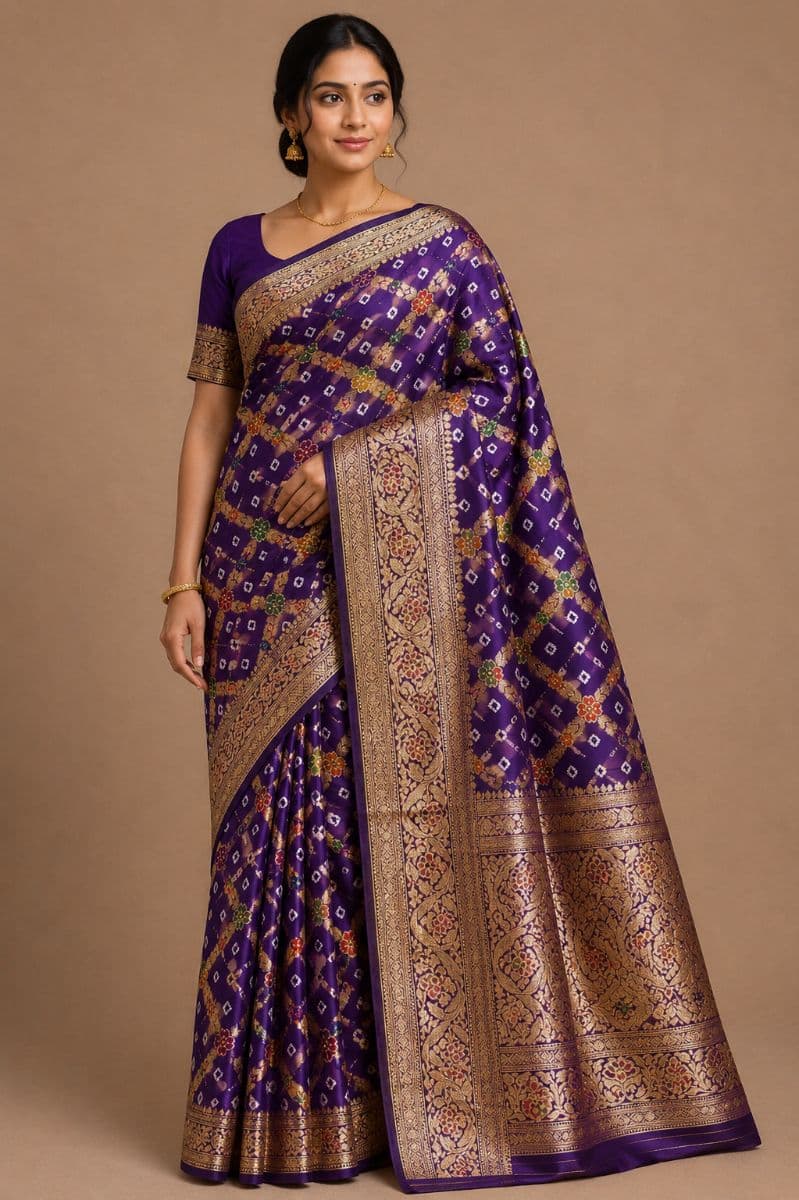 Banarasi Bandhani Silk Saree – Royal Blue with Purple Accents