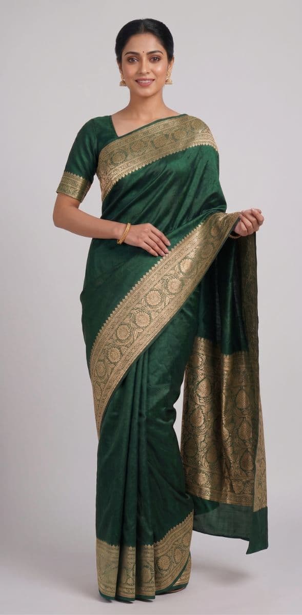 Banarasi Tanchoi Plain Saree – Bottle Green with Gold Zari Border