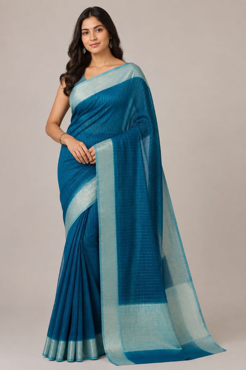 Tikli Viscose Saree – Teal Blue with Silver Gold Border