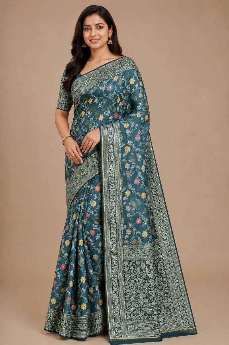 Tanchui Teal Floral Saree – Grey Green Border