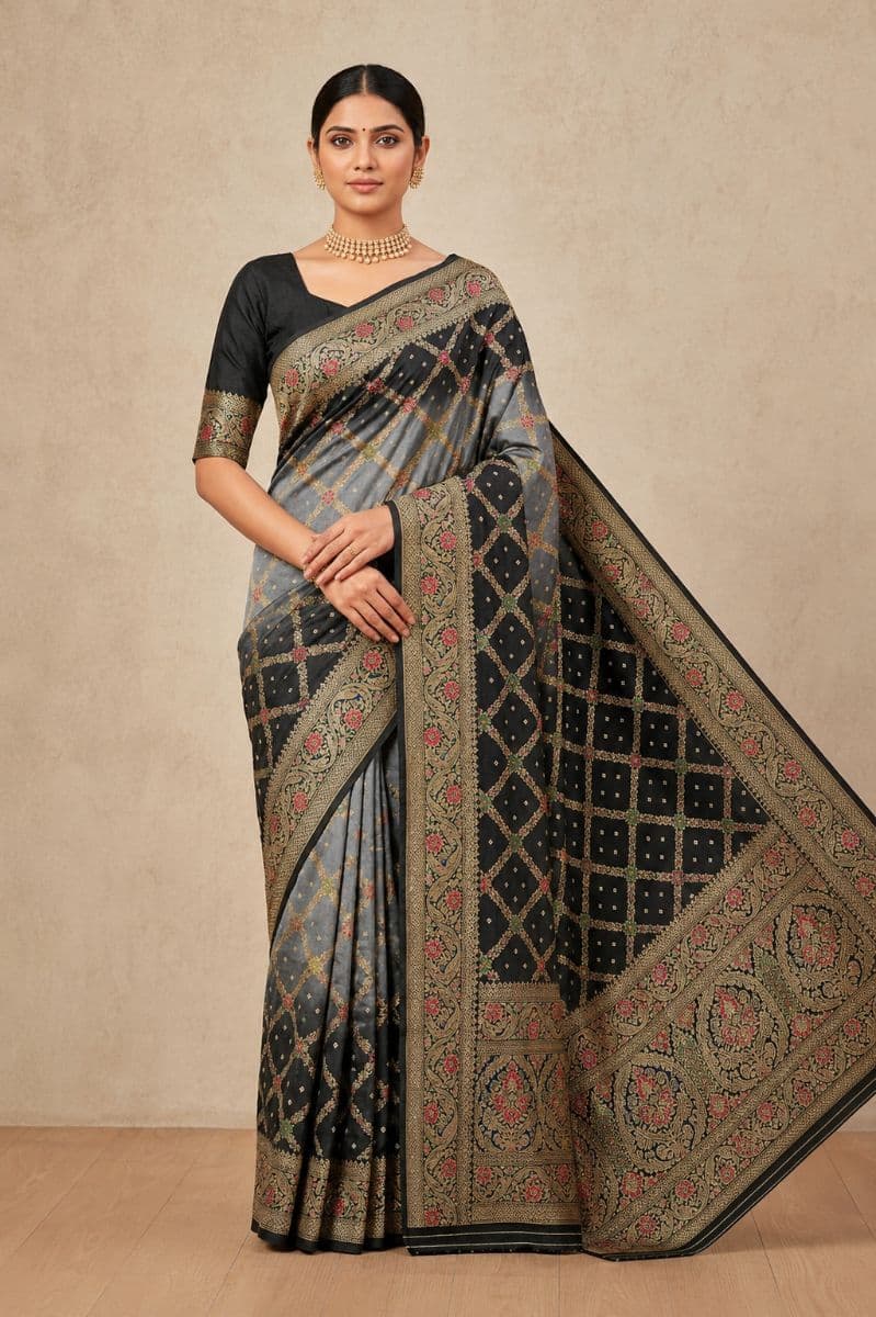 Banarasi Bandhani Silk Saree – Charcoal Grey