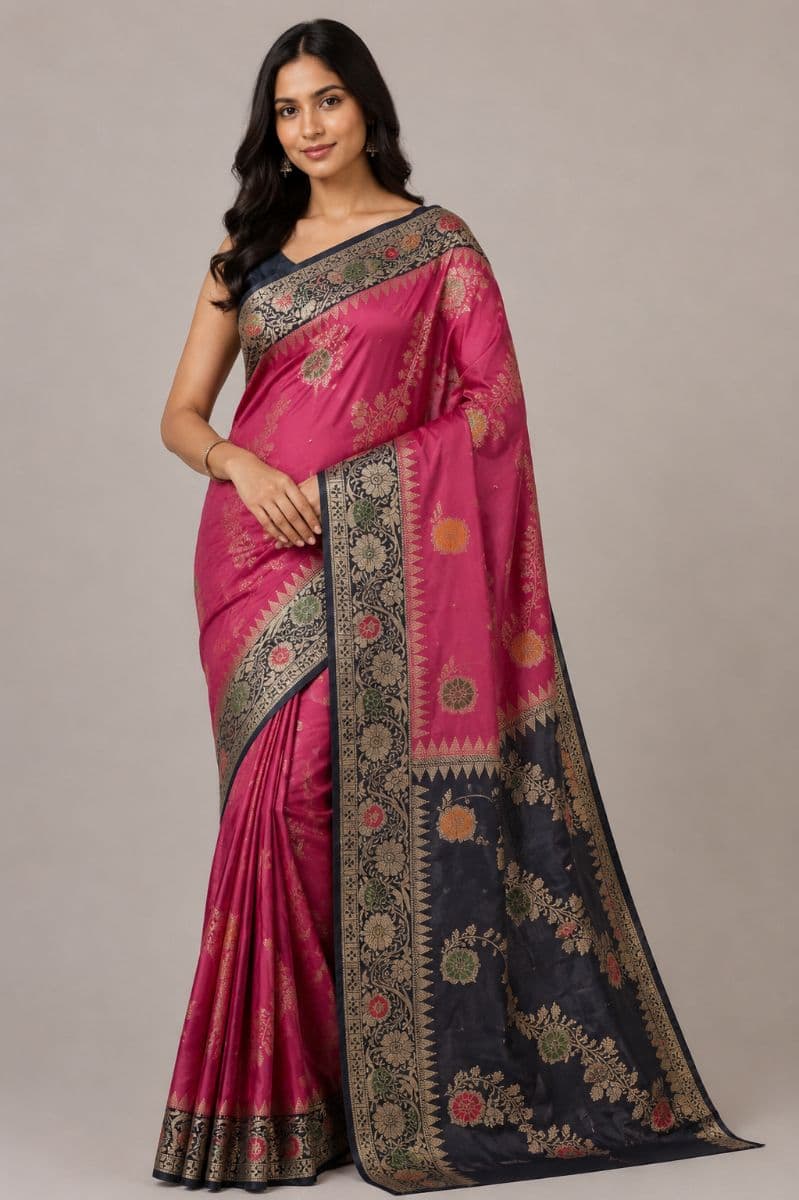 Raw Silk Ada Saree – Magenta Pink with Charcoal Floral Pallu