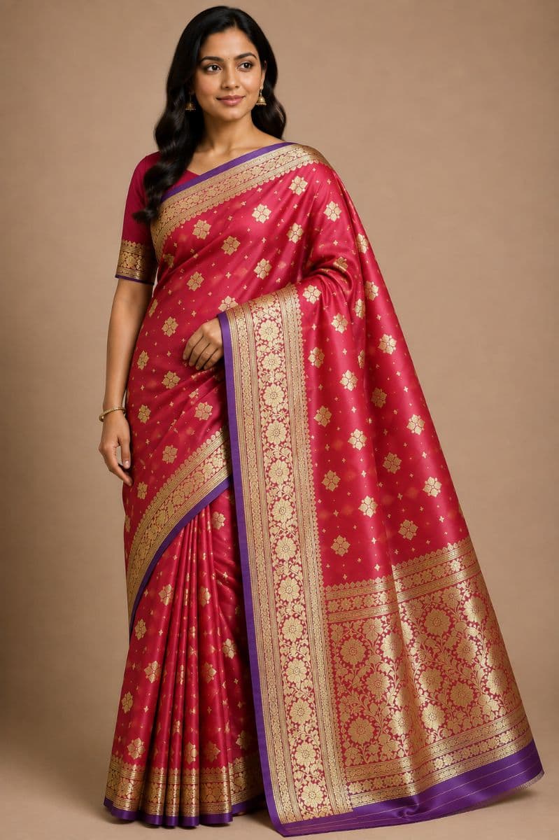 Satan Buti Banarasi Silk Saree – Rani Pink with Purple Border & Antique Gold Buti