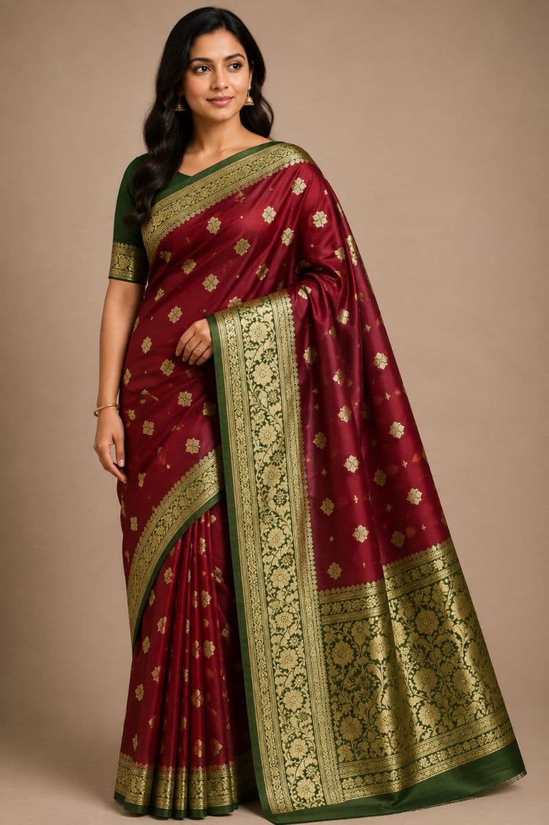 Satan Buti Banarasi Silk Saree – Wine Maroon with Green Floral Zari Border