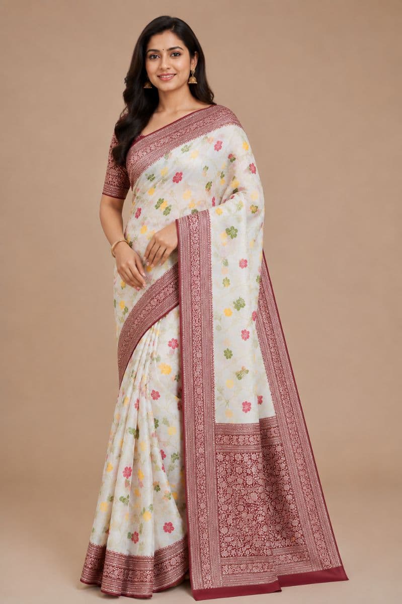 Tanchui White Floral Saree – Maroon Border