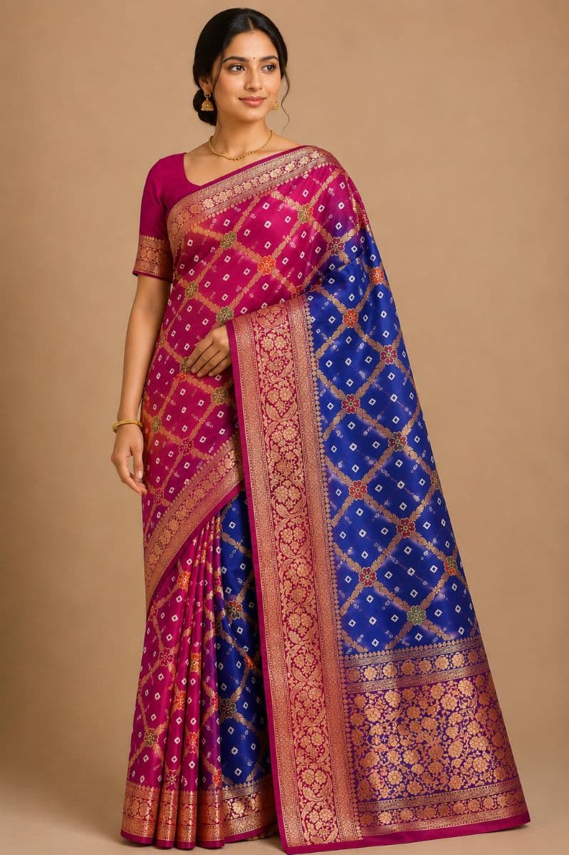 Banarasi Bandhani Silk Saree – Rani Pink & Royal Blue
