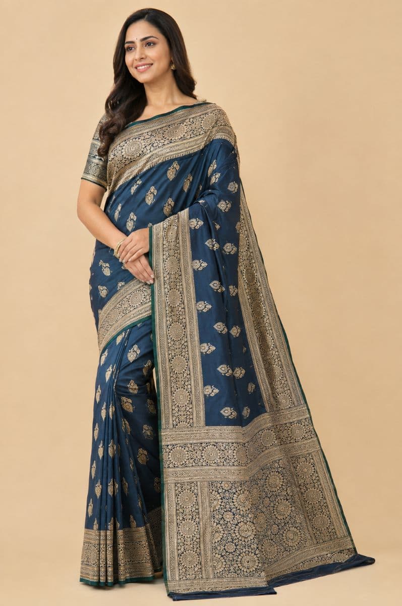 Banarasi floral silk– Navy Blue with Gold Zari Border
