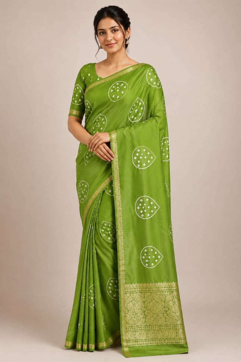 Assamese Bandhej Saree – Parrot Green with Antique Gold Border