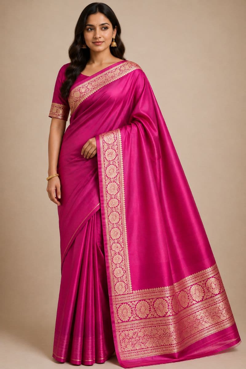 Plain Bridal Silk Saree – Bright Magenta with Antique Gold Floral Zari Border