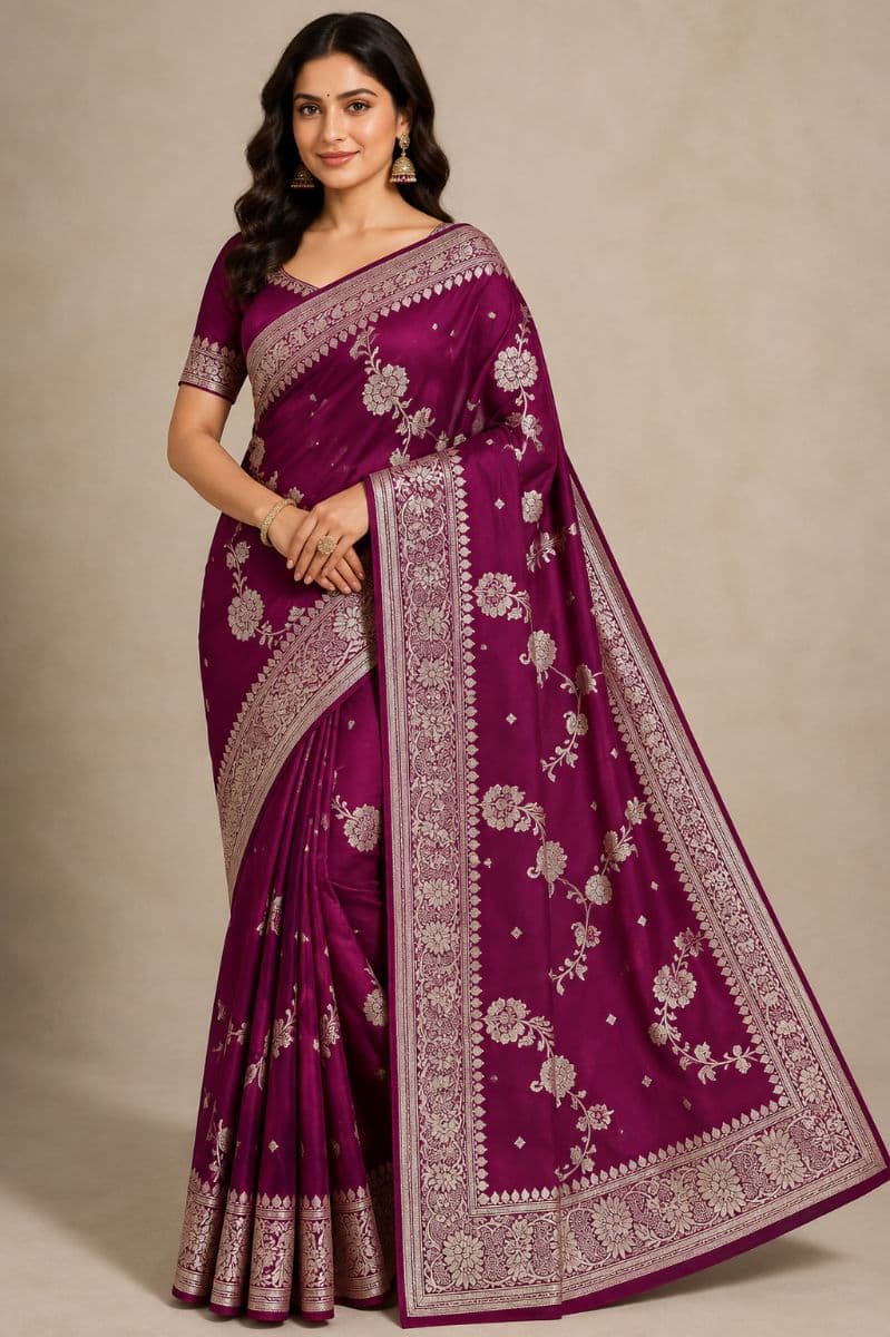 Banarasi Katan Silk Saree – Magenta Floral Zari
