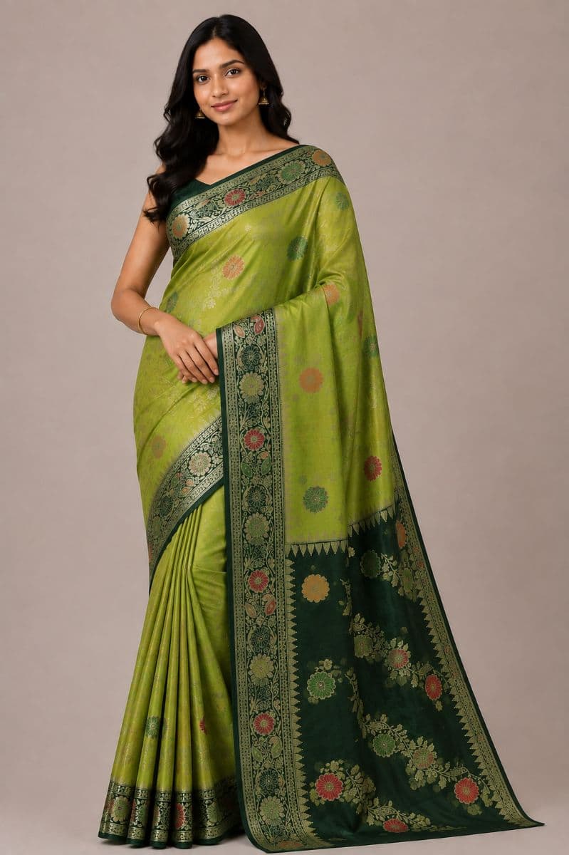 Raw Silk Ada Saree – Olive Green with Dark Green Floral Pallu