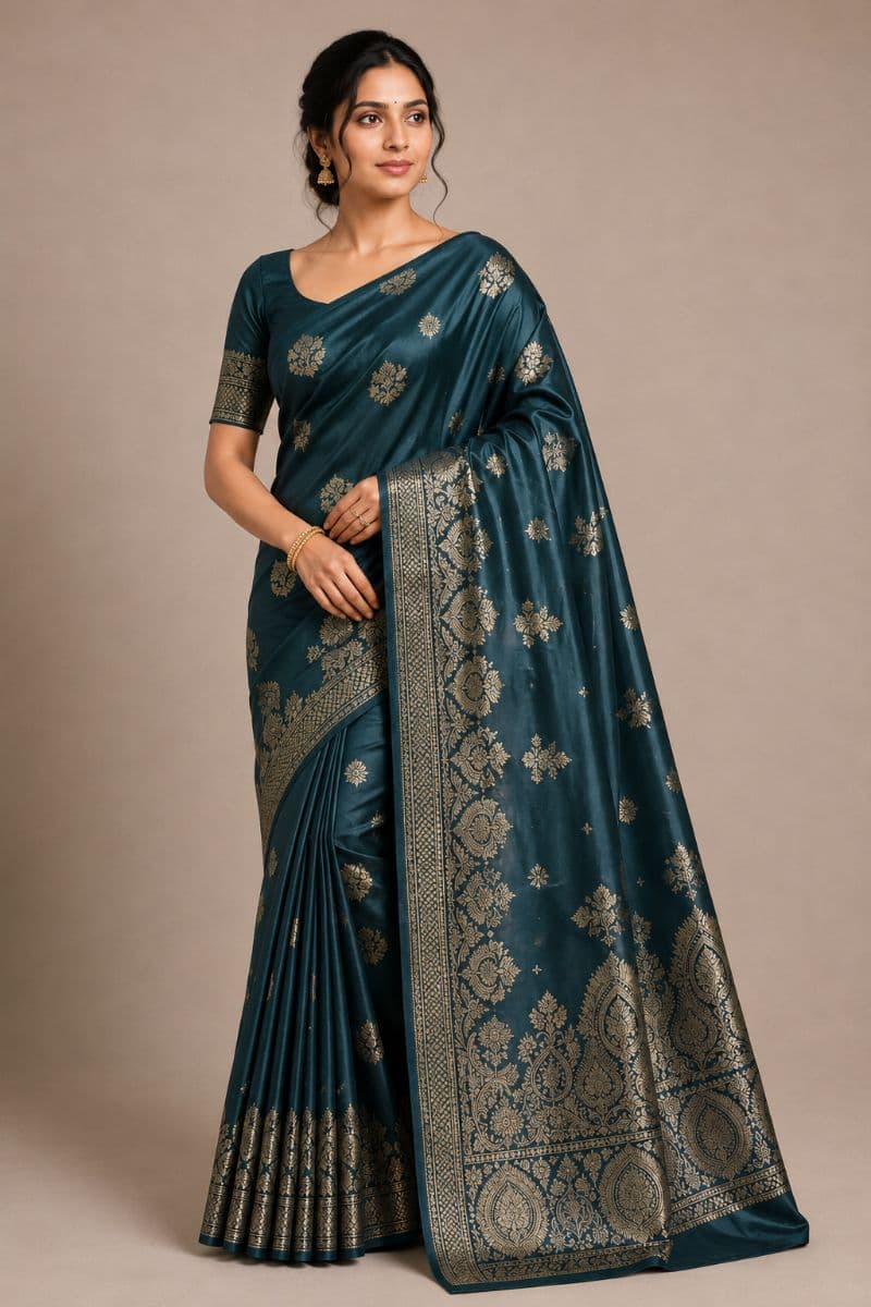 Banarasi Satin Silk – Dark Teal with Antique Gold Zari