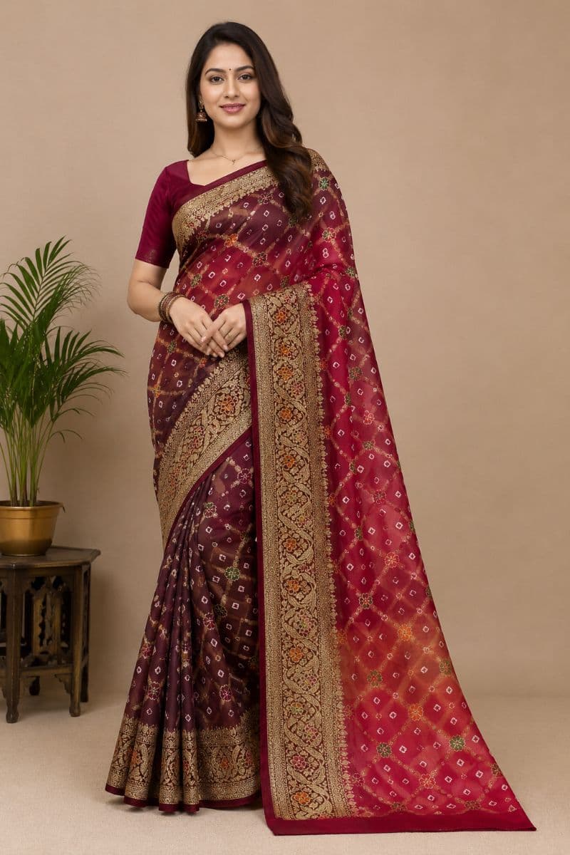 Banarasi Bandhani Silk Saree – Wine Maroon with Purple Accents