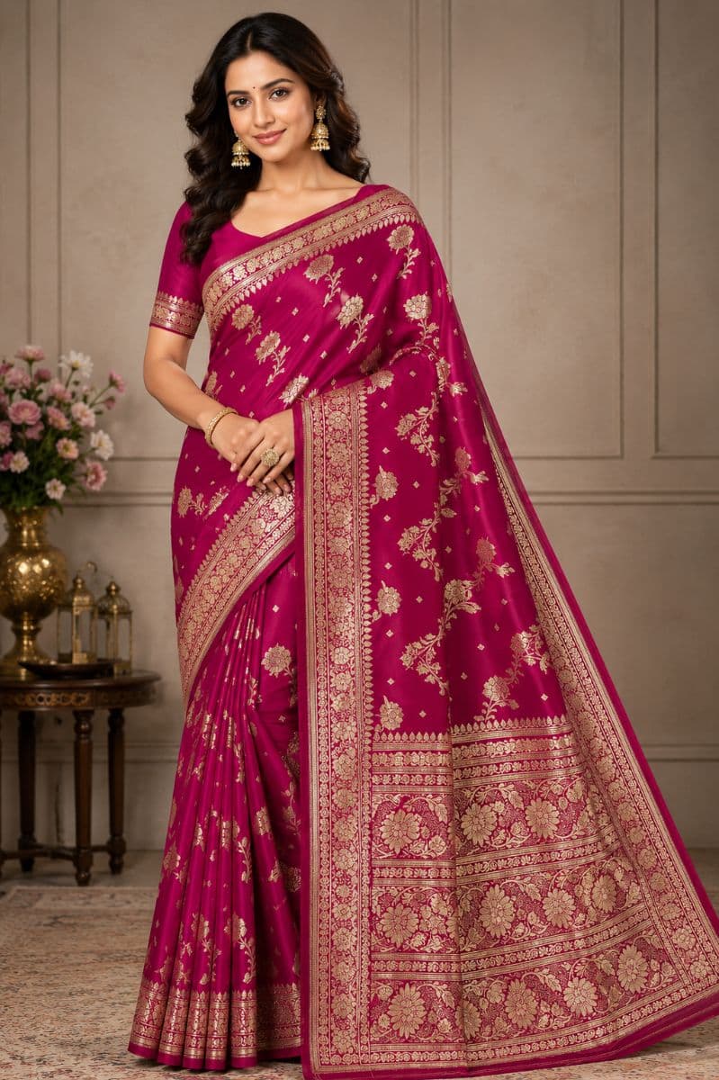 Banarasi Katan Silk Saree – Scarlet Red Floral Zari