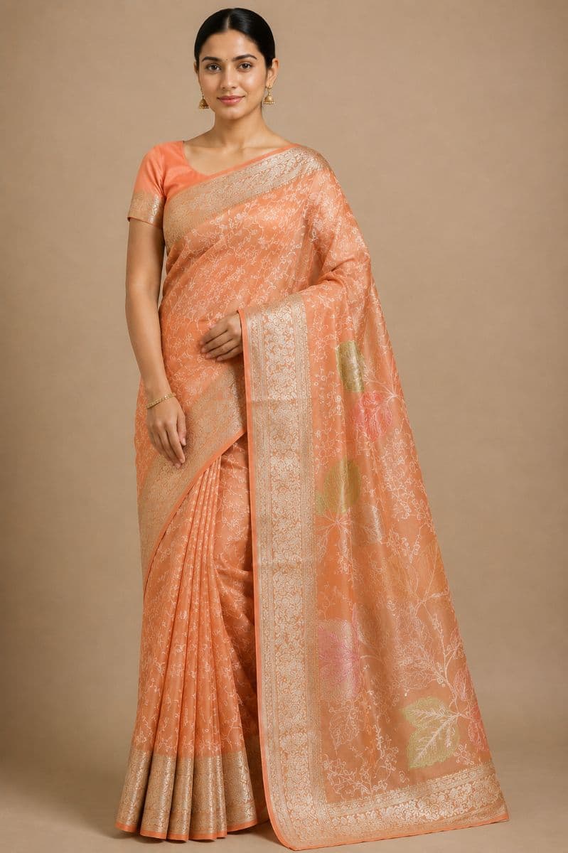 Chikankari Saree – Peach Beige with Green Floral Motifs