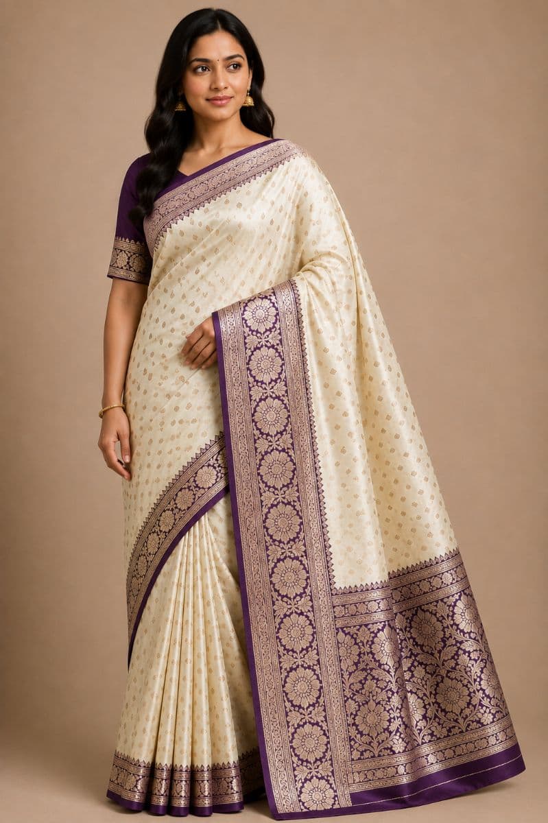 Banarasi White Katan Silk Saree – Purple Floral Zari Border