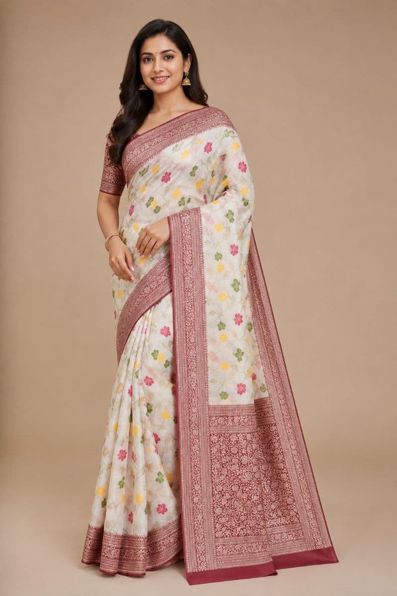 Tanchui White Floral Saree – Maroon Floral Border