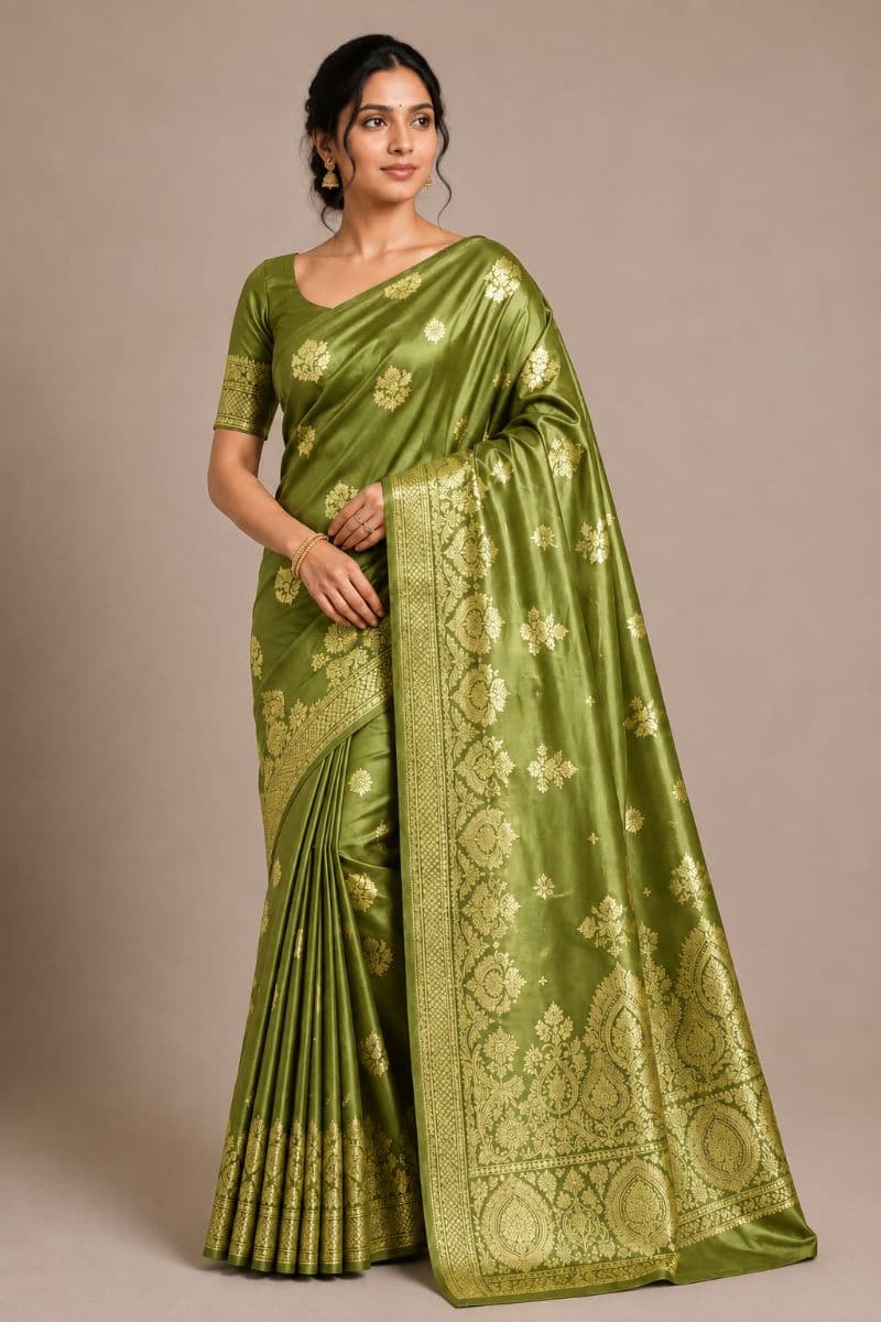 Banarasi Satin Silk – Olive Green with Antique Gold Zari