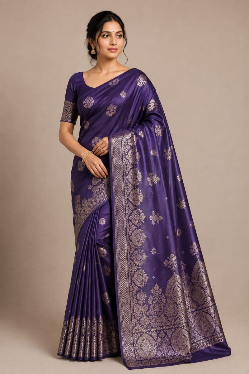Banarasi Satin Silk – Purple with Antique Gold Zari