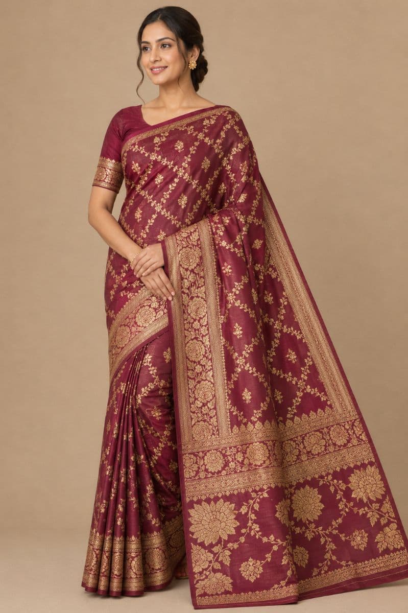 Banarasi floral silk-Maroon with Gold Zari Floral Pallu