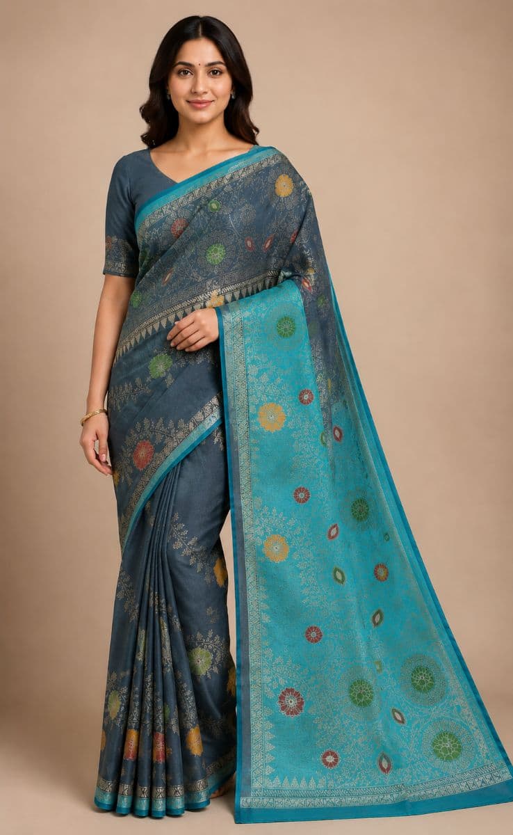 Raw Silk Ada Saree – Steel Blue with Charcoal Floral Pallu