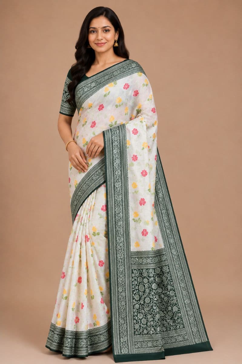 Tanchui White Floral Saree – Dark Green Border
