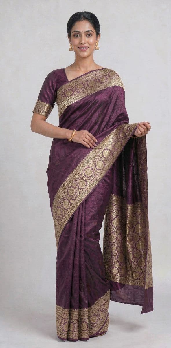 Banarasi Tanchoi Plain Saree – Plum Purple with Gold Zari Border
