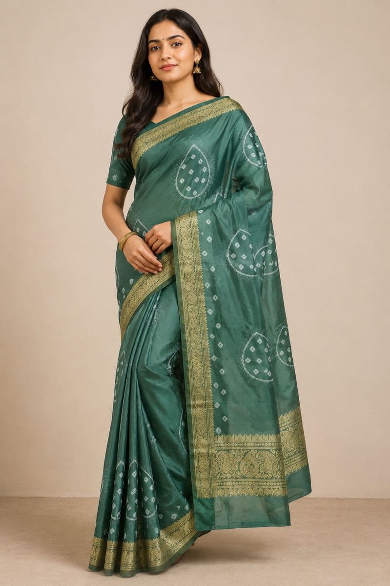 Assamese Bandhej Saree – Deep Teal Green with Antique Gold Border