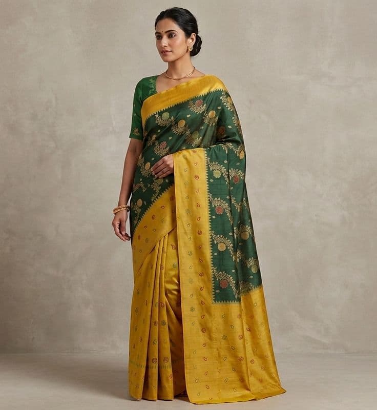 Raw Silk Ada Saree – Lime Yellow with Dark Green Floral Pallu