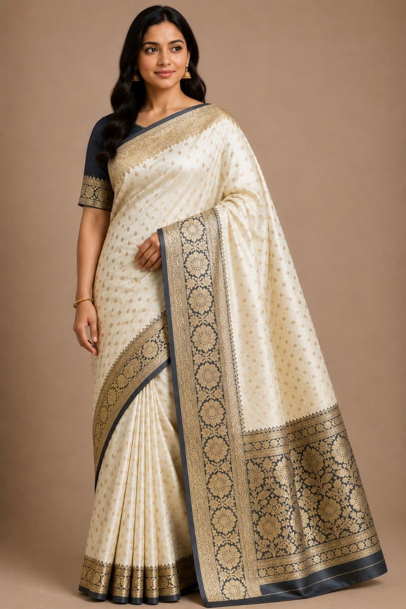 Banarasi White Katan Silk Saree – Navy Blue Floral Zari Border