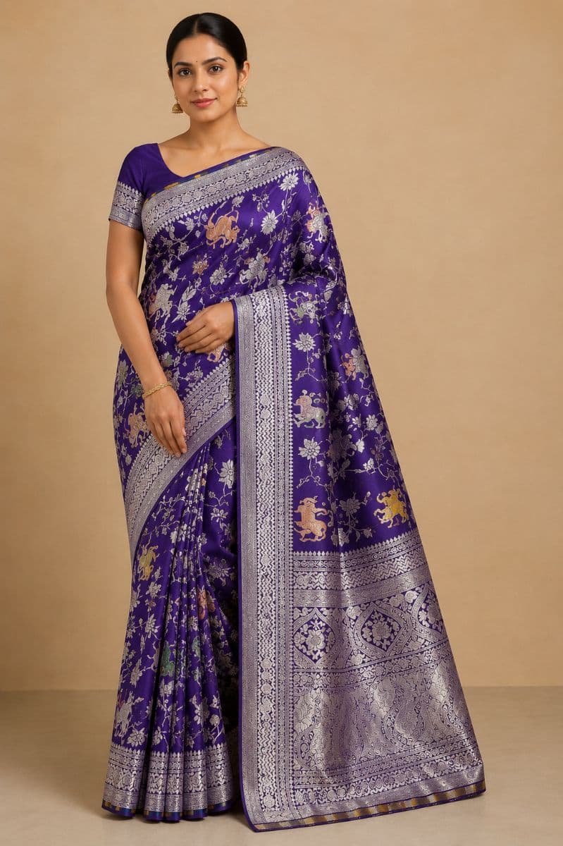 Shikargah Banarasi Saree – Royal Purple with Gold & Floral Motifs