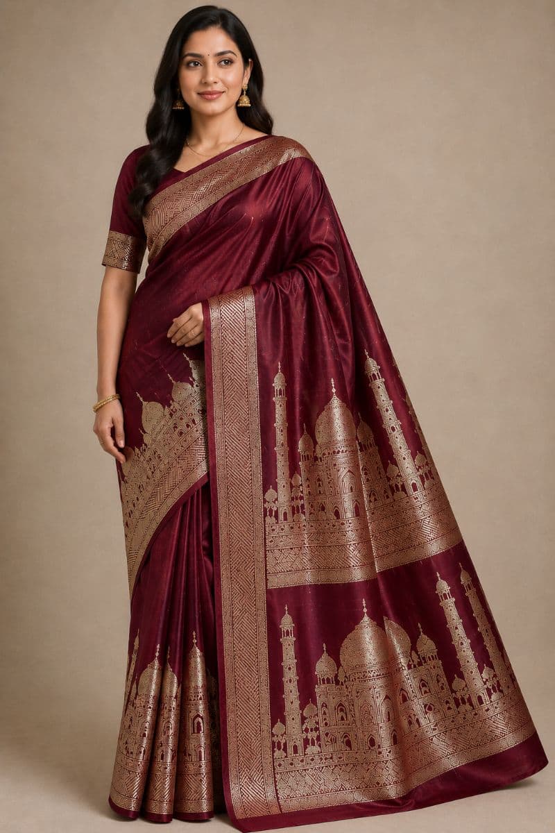 Banarasi Taj Mahal Silk Saree – Deep Wine with Antique Gold Taj Mahal Motif