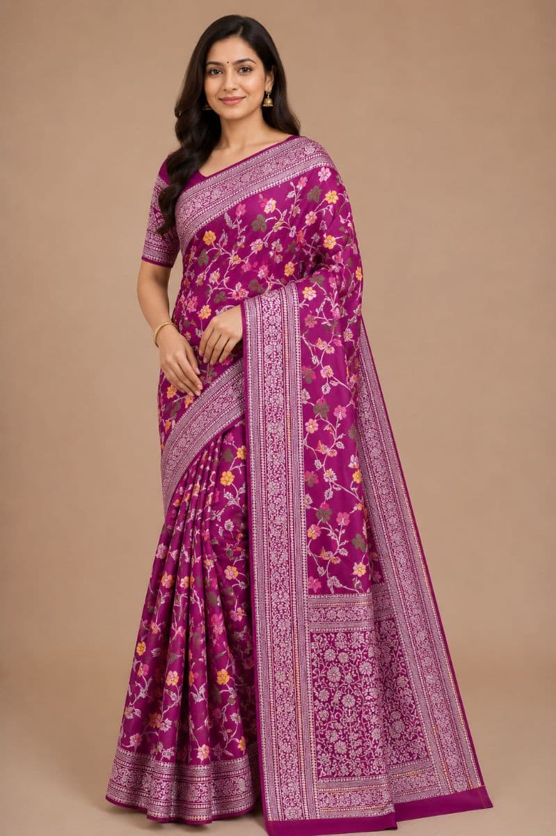 Tanchui Magenta Floral Saree – Wine Border