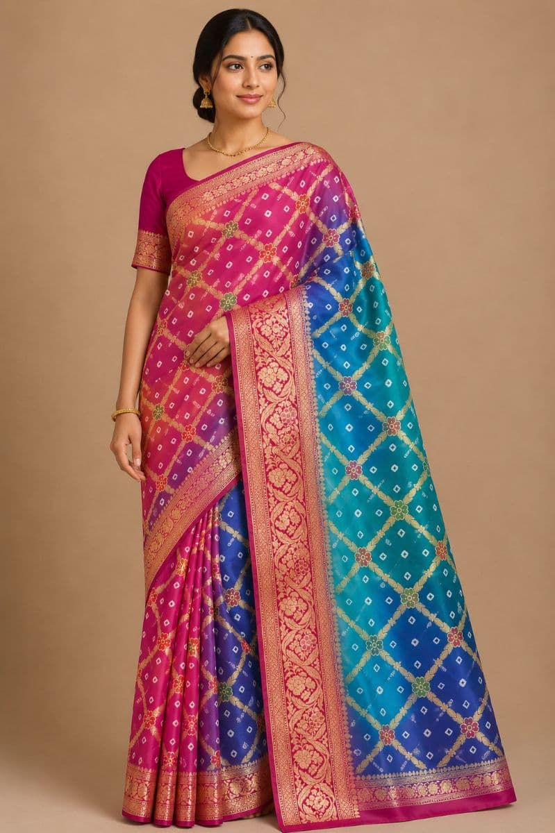 Banarasi Bandhani Silk Saree – Rani Pink & Turquoise Blue