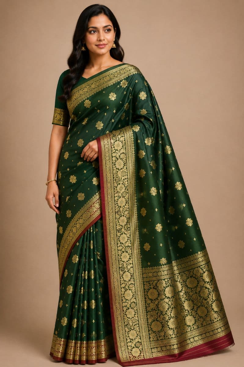 Satan Buti Banarasi Silk Saree – Bottle Green with Antique Gold Zari Border