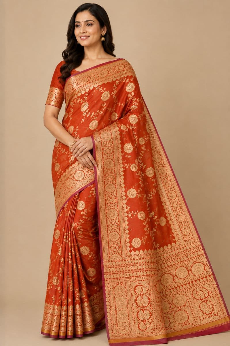 Banarasi floral silk– Peach with Gold Zari Border