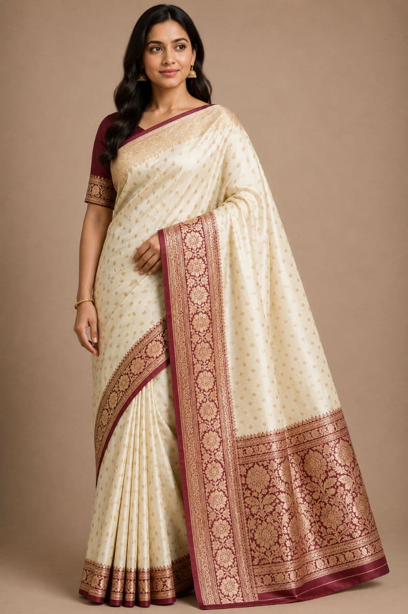 Banarasi White Katan Silk Saree – Maroon Floral Zari Border