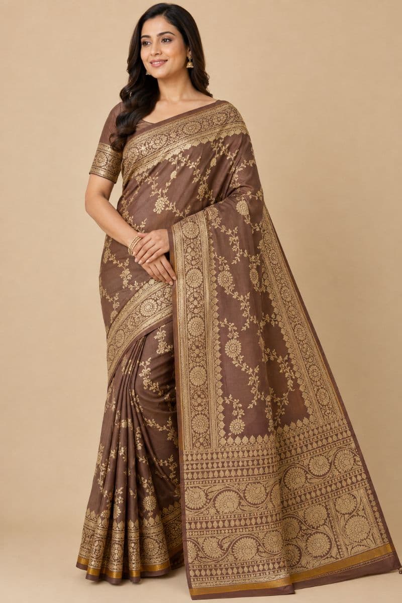 Banarasi floral silk– Mocha with Gold Zari Border