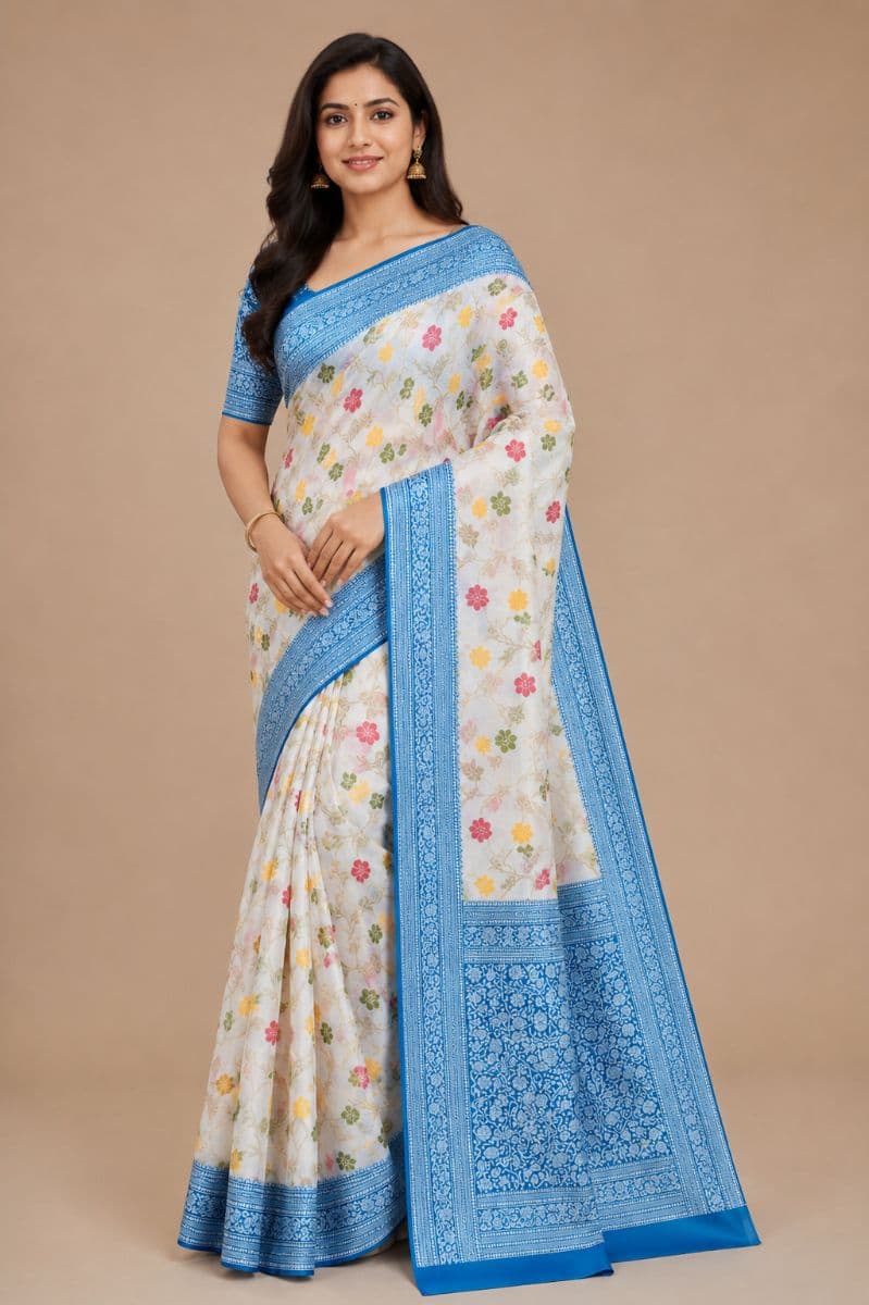 Tanchui White Floral Saree – Turquoise Blue Border