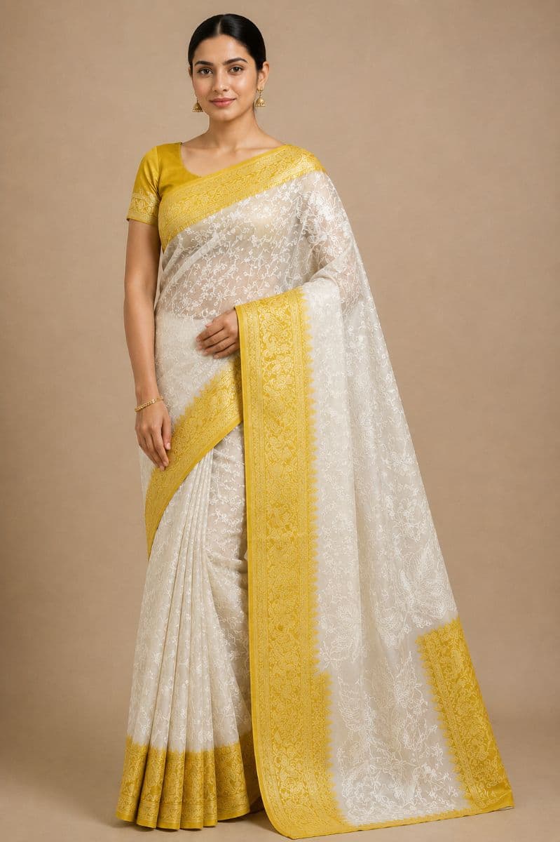 Chikankari Saree – Ivory White with Mustard Gold Border