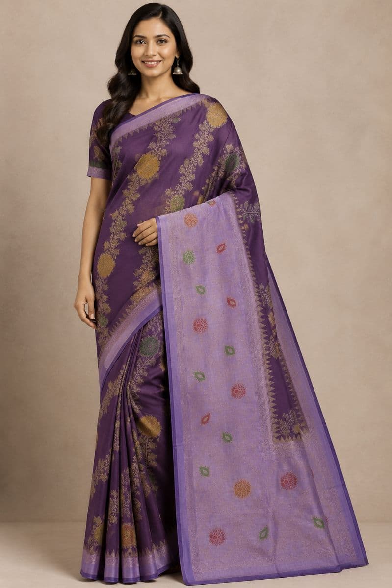 Raw Silk Ada Saree – Lavender Purple with Plum Floral Body