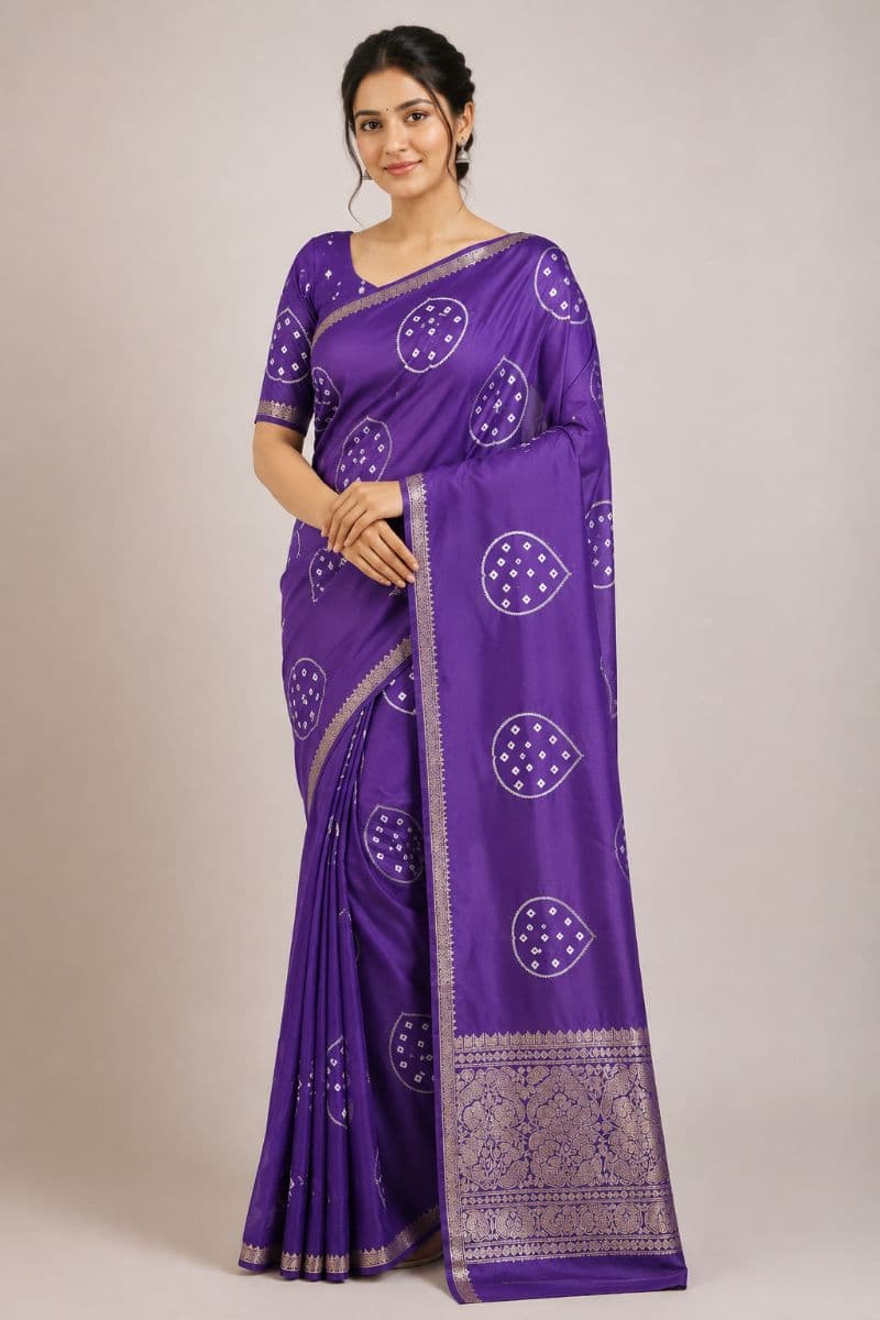 Assamese Bandhej Saree – Royal Purple with Antique Gold Border
