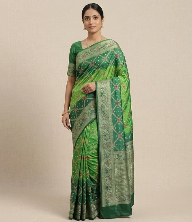 Banarasi Bandhani Silk Saree – Emerald & Lime Green