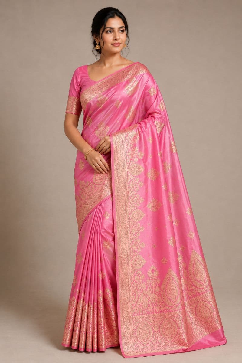 Banarasi Satin Silk – Pink with Antique Gold Zari