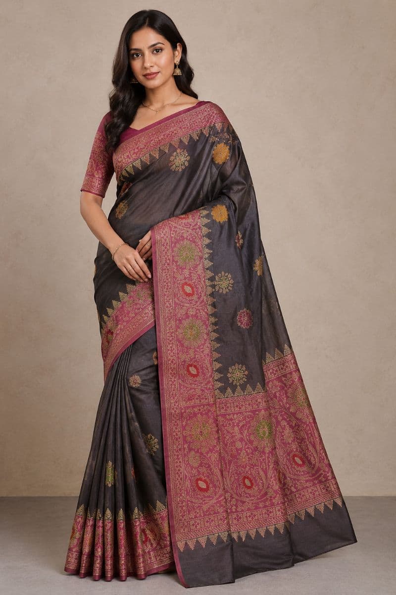 Raw Silk Ada Saree – Deep Plum Brown with Magenta Pallu